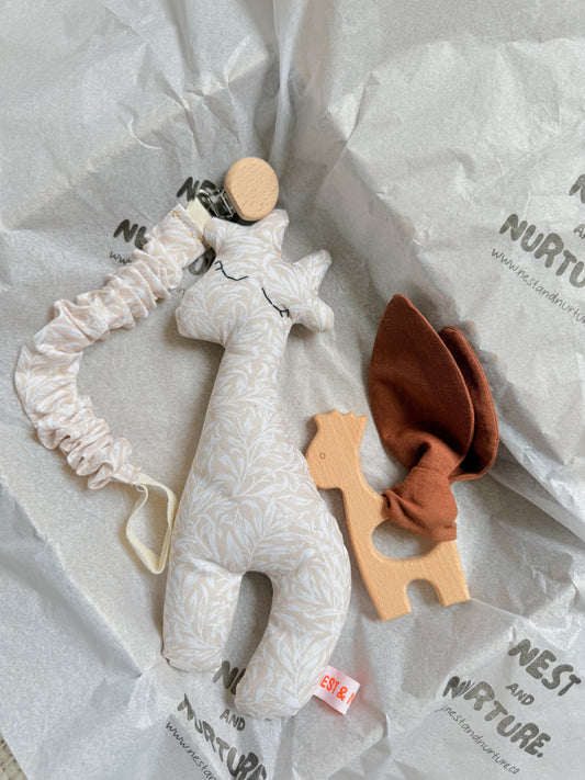Cream Leaves Giraffe Baby Gift Set | Rattle, Teether & Pacifier Clip