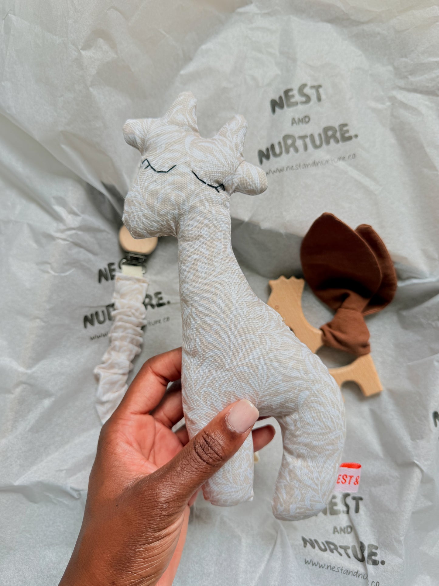 Cream Leaves Giraffe Baby Gift Set | Rattle, Teether & Pacifier Clip