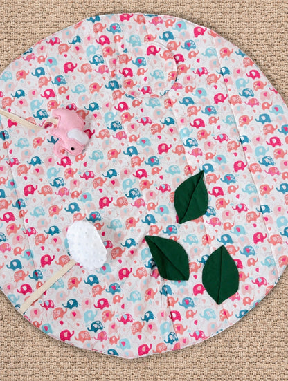 Pink Baby Elephant Sensory Play Mat – Mirror, Rattle, Crinkle Cloud & 3D Leaves