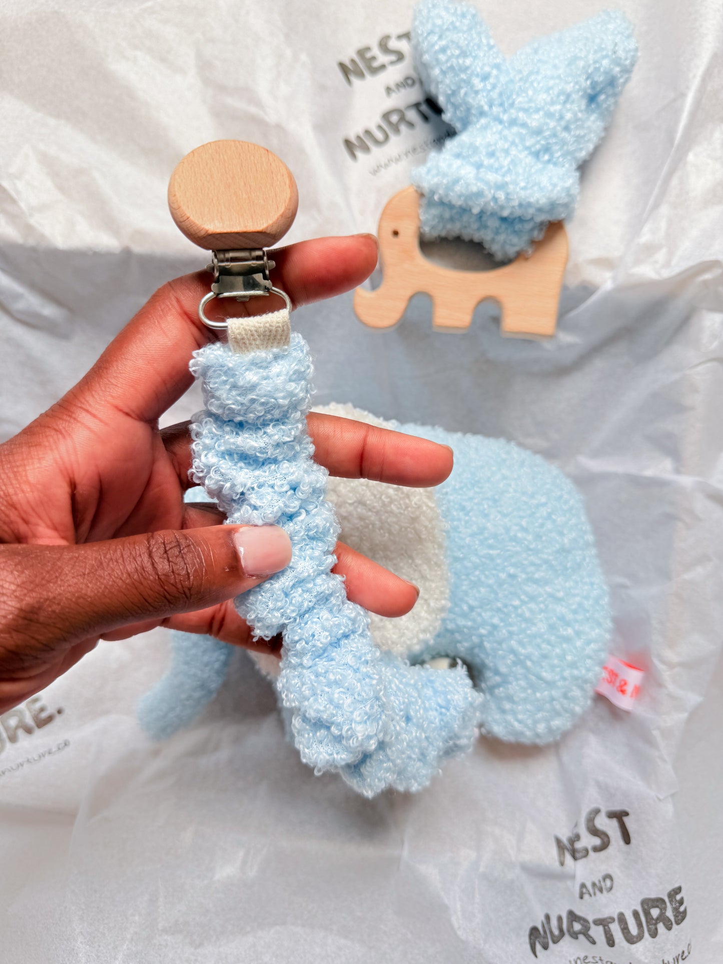 Blue Boucle Elephant Baby Gift Set | Rattle, Teether & Dummy Clip