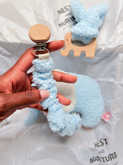 Blue Boucle Elephant Baby Gift Set | Rattle, Teether & Dummy Clip