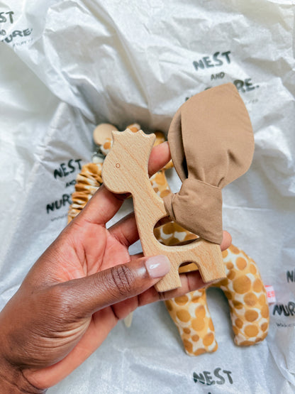 Golden Safari Giraffe Baby Gift Set | Rattle, Teether & Pacifier Clip