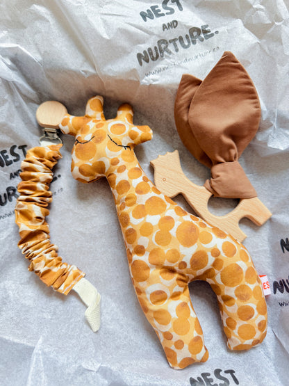 Golden Safari Giraffe Baby Gift Set | Rattle, Teether & Pacifier Clip