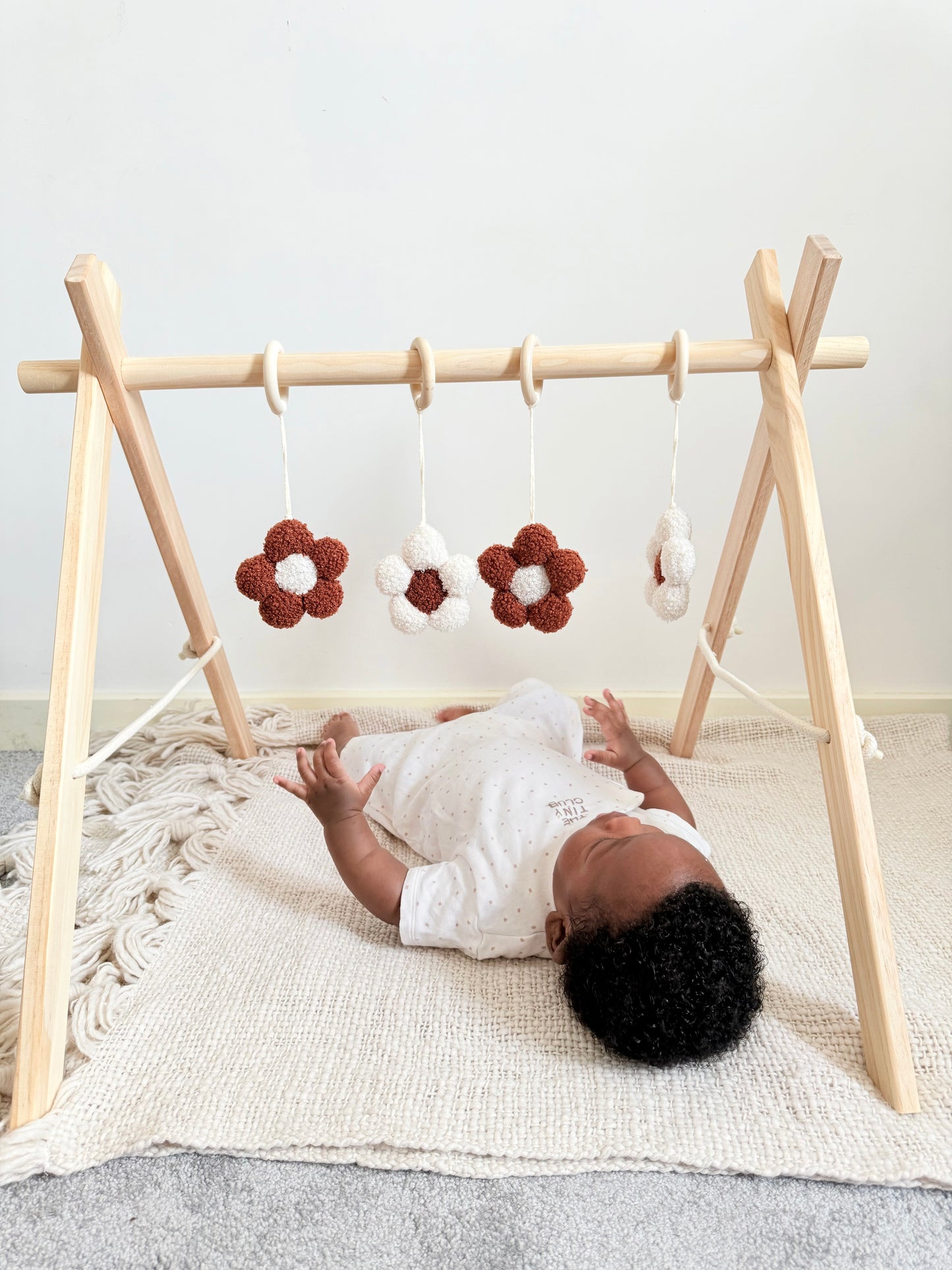 Wooden Baby Play Gym - Brown and White Flowers