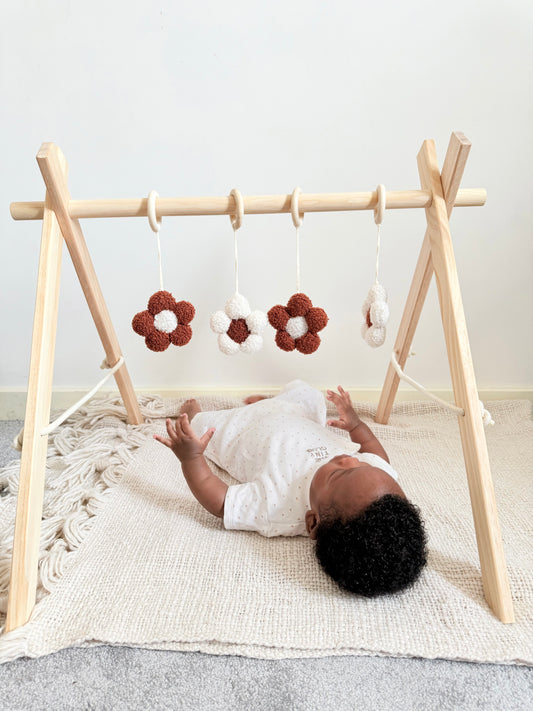 Wooden Baby Play Gym - Brown and White Flowers