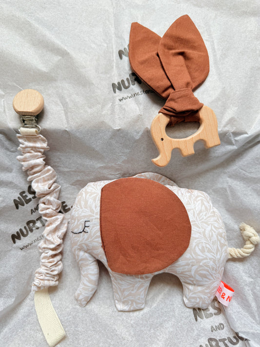 Cream Leaves Elephant Baby Gift Set | Rattle, Teether & Pacifier Clip