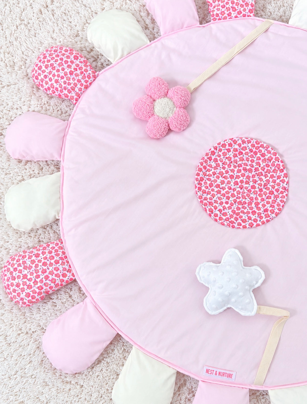 Baby Sensory Play Mat – Pink Flower with Mirror, Rattle & Crinkle Star