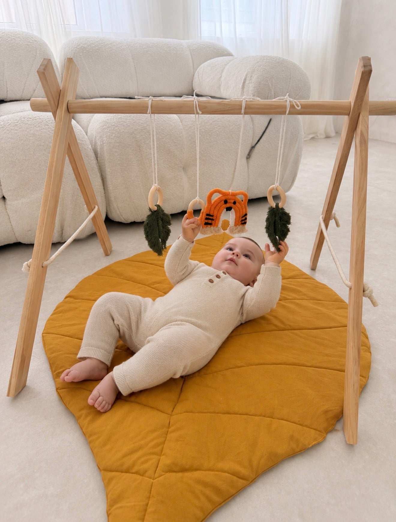 100% Cotton Leaf-Shaped Quilted Baby Play Mat – Mustard Yellow