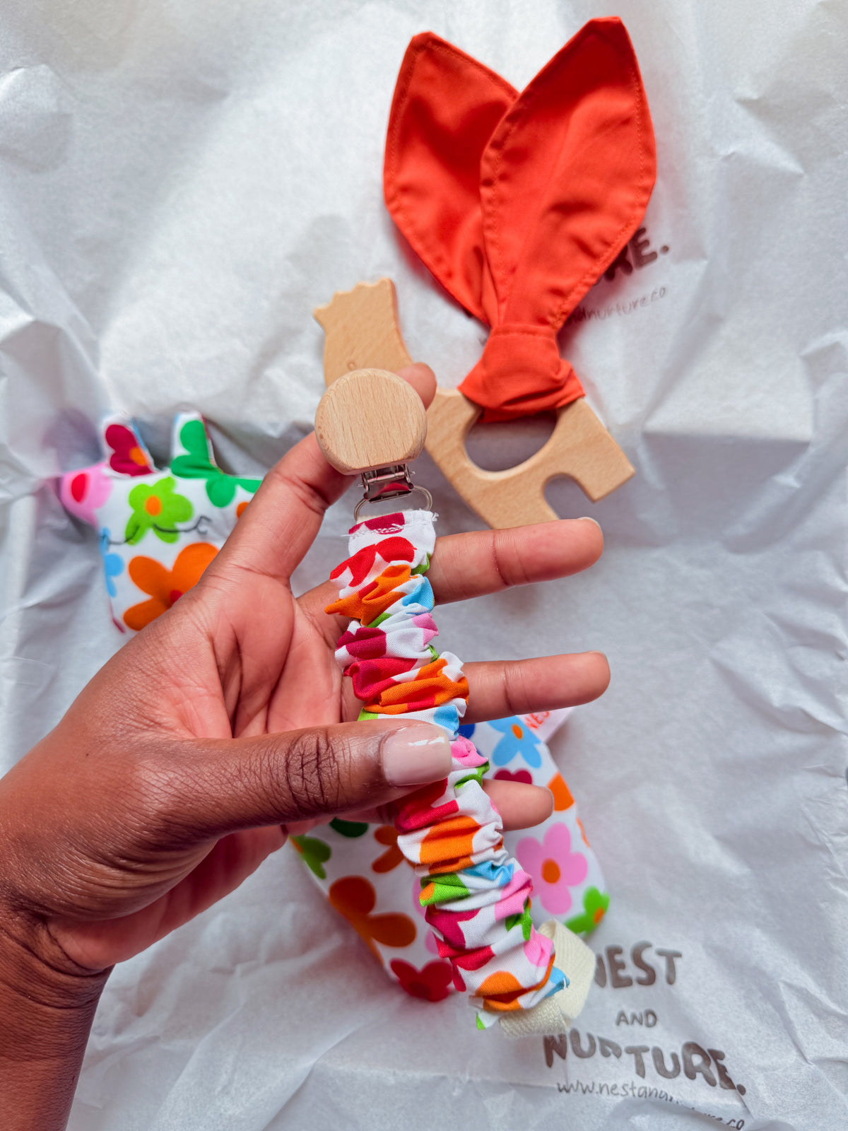 Colourful Flowers Giraffe Baby Gift Set | Rattle, Teether & Pacifier Clip