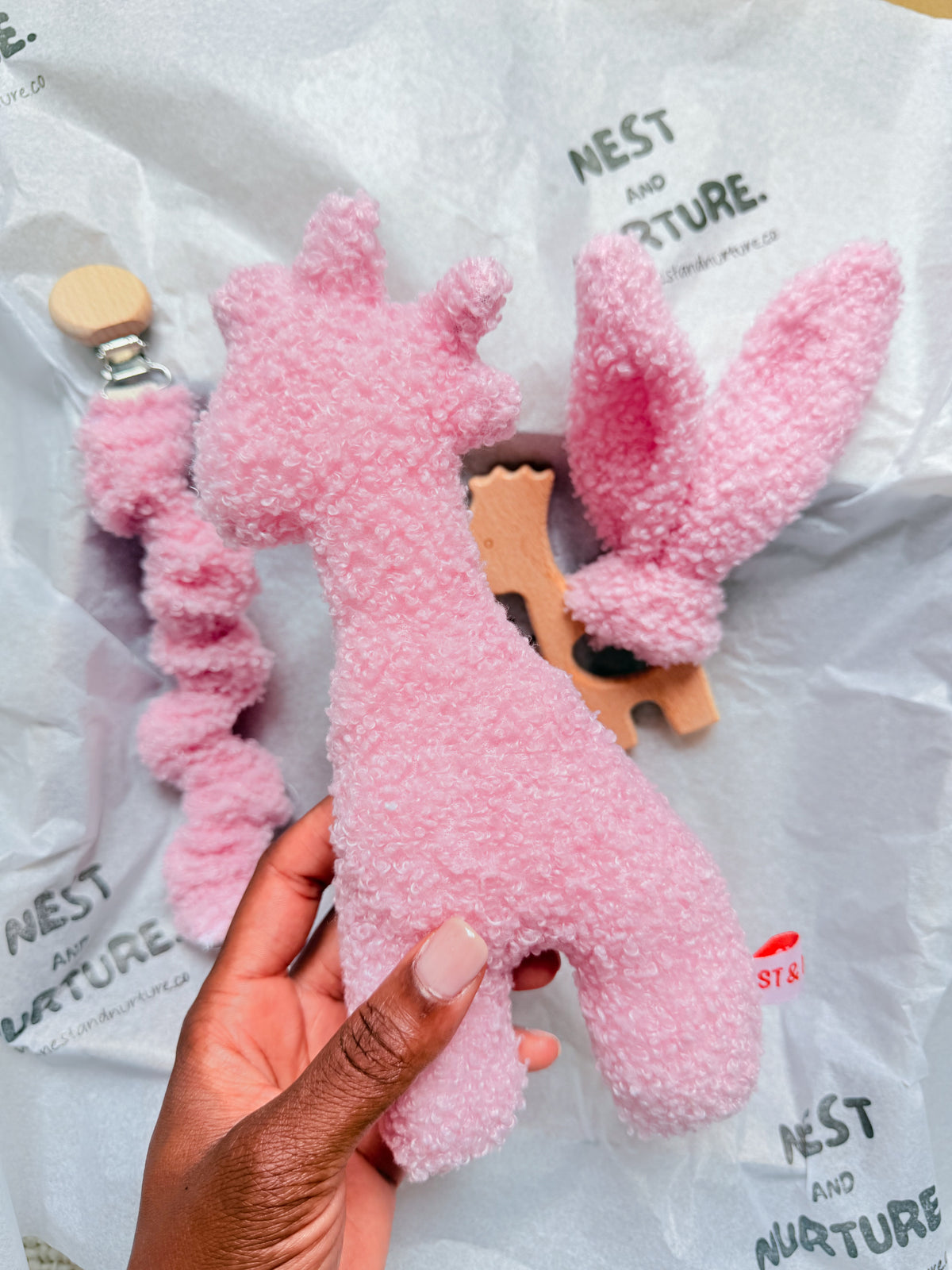 Pink Boucle Giraffe Baby Gift Set | Rattle, Teether & Dummy Clip