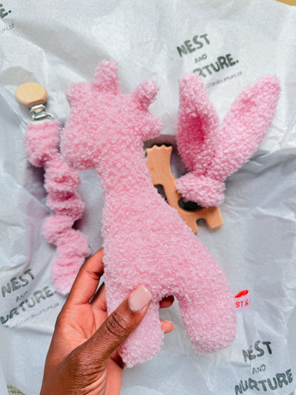 Pink Boucle Giraffe Baby Gift Set | Rattle, Teether & Dummy Clip