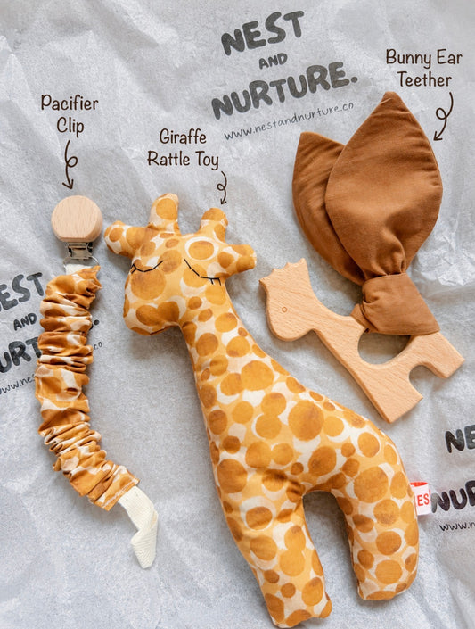 Golden Safari Giraffe Baby Gift Set | Rattle, Teether & Pacifier Clip