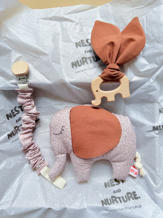 Blush Meadow Elephant Baby Gift Set | Rattle, Teether & Pacifier Clip