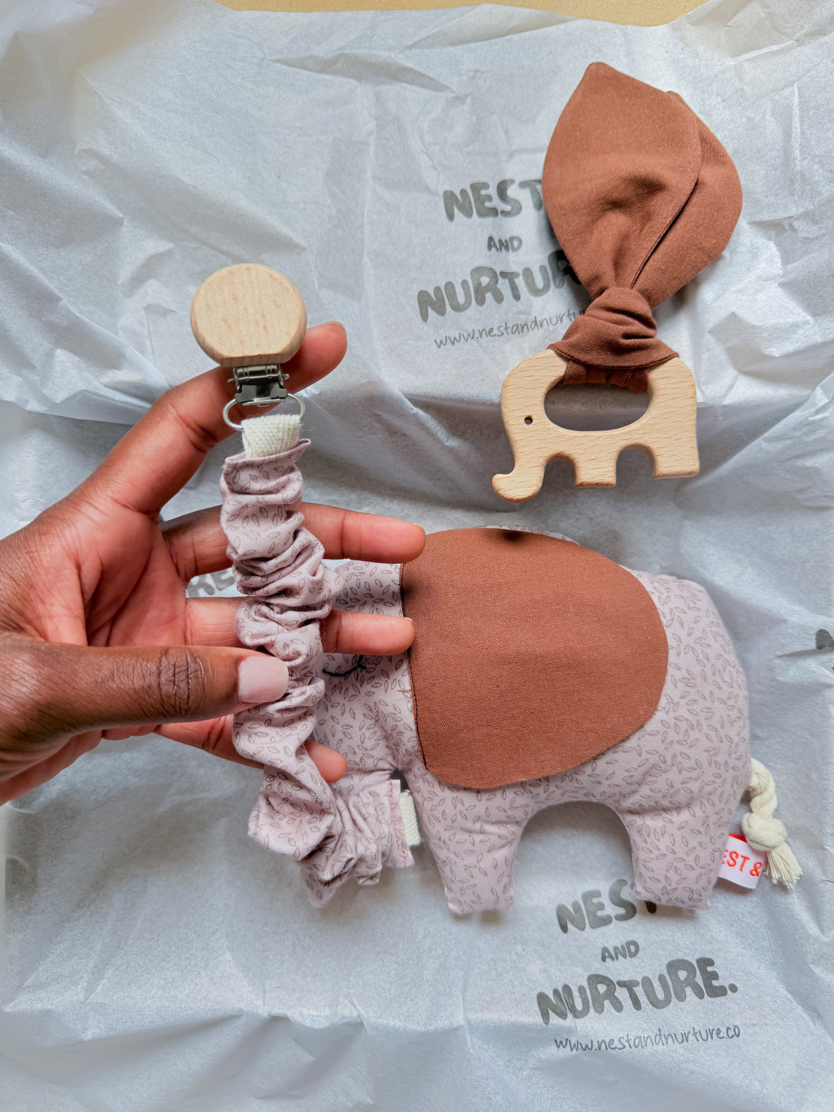 Blush Meadow Elephant Baby Gift Set | Rattle, Teether & Pacifier Clip