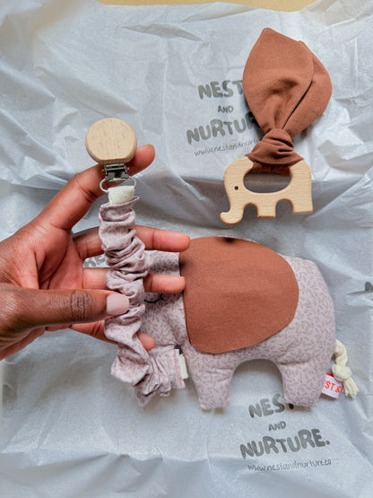 Blush Meadow Elephant Baby Gift Set | Rattle, Teether & Pacifier Clip