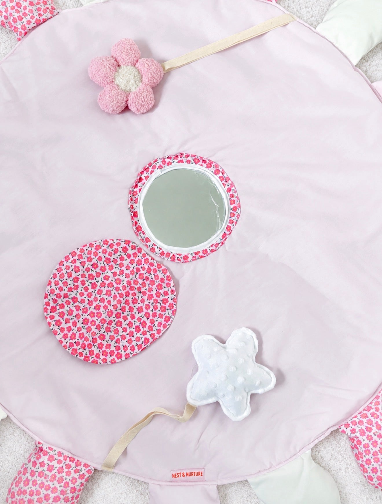 Baby Sensory Play Mat – Pink Flower with Mirror, Rattle & Crinkle Star