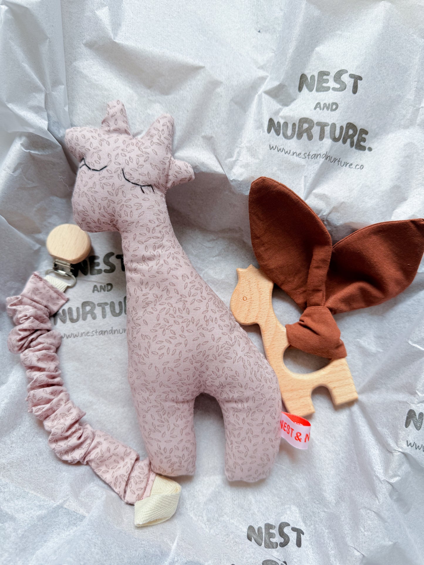 Blush Meadow Giraffe Baby Gift Set | Rattle, Teether & Pacifier Clip