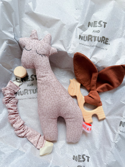 Blush Meadow Giraffe Baby Gift Set | Rattle, Teether & Pacifier Clip