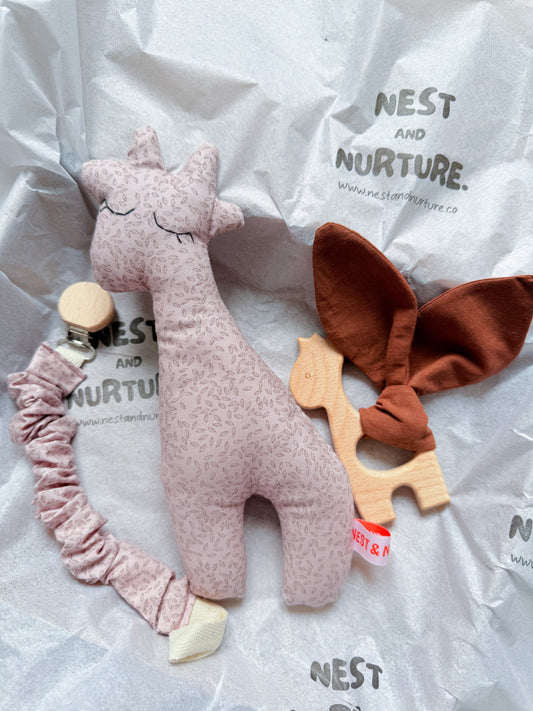 Blush Meadow Giraffe Baby Gift Set | Rattle, Teether & Pacifier Clip