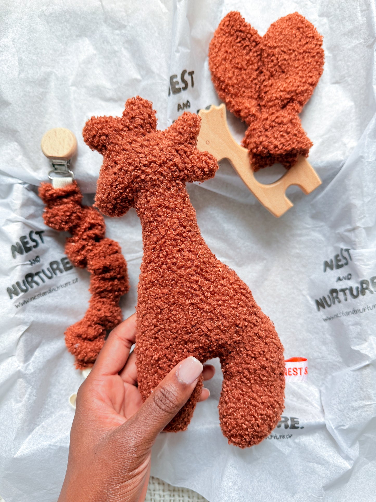Rust Boucle Giraffe Baby Gift Set | Rattle, Teether & Pacifier Clip