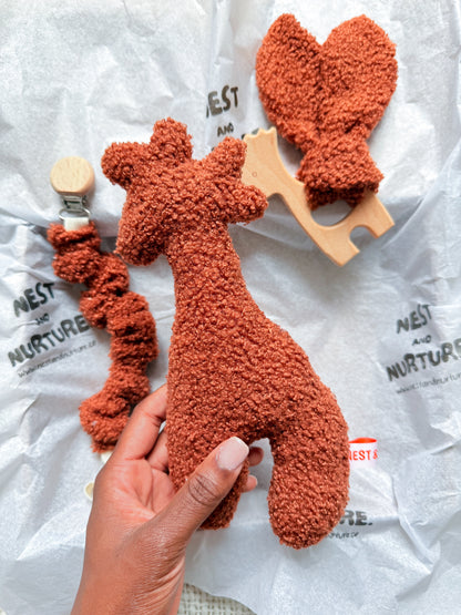 Rust Boucle Giraffe Baby Gift Set | Rattle, Teether & Pacifier Clip