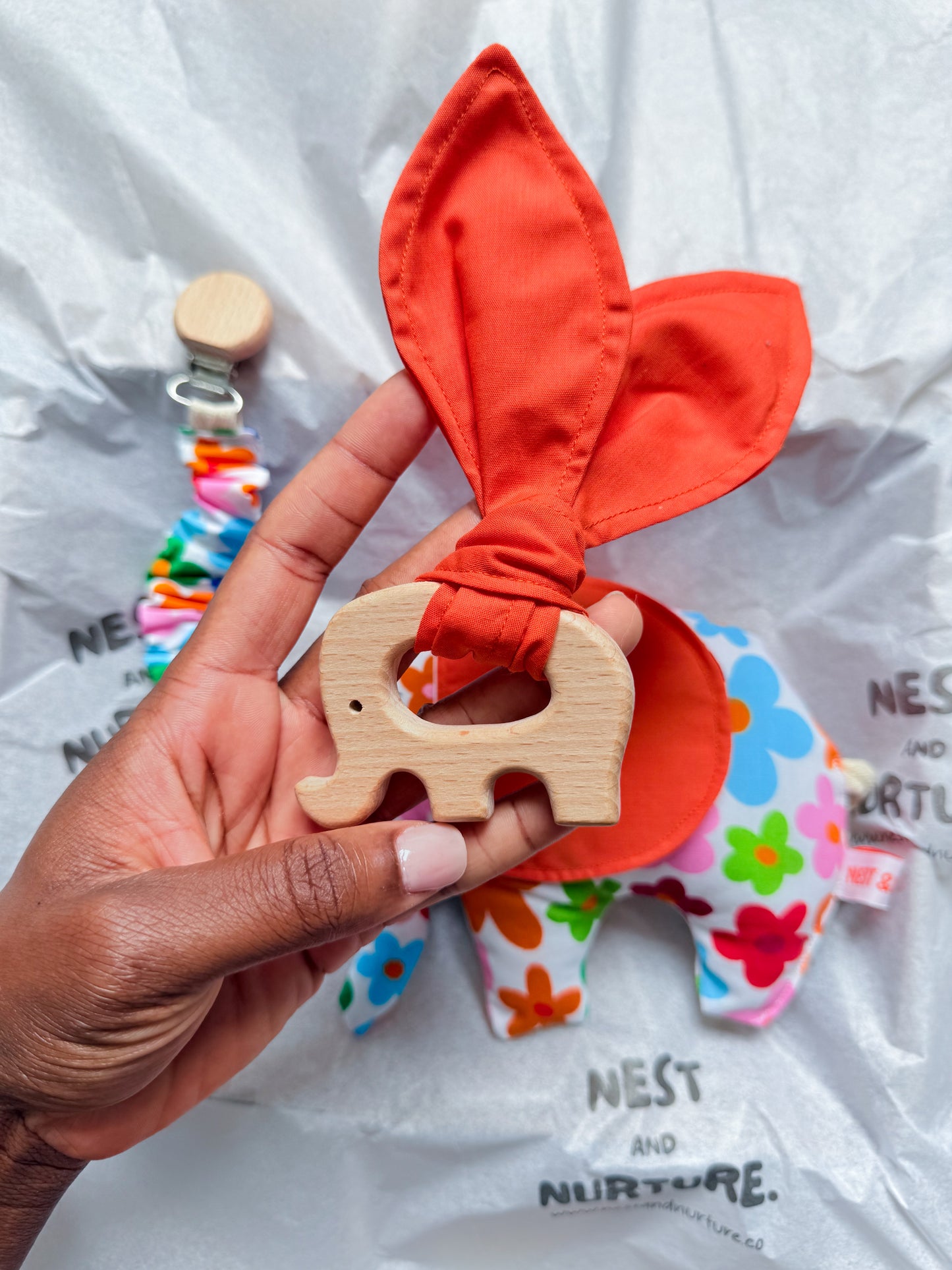 Colourful Flowers Elephant Baby Gift Set | Rattle, Teether & Pacifier Clip