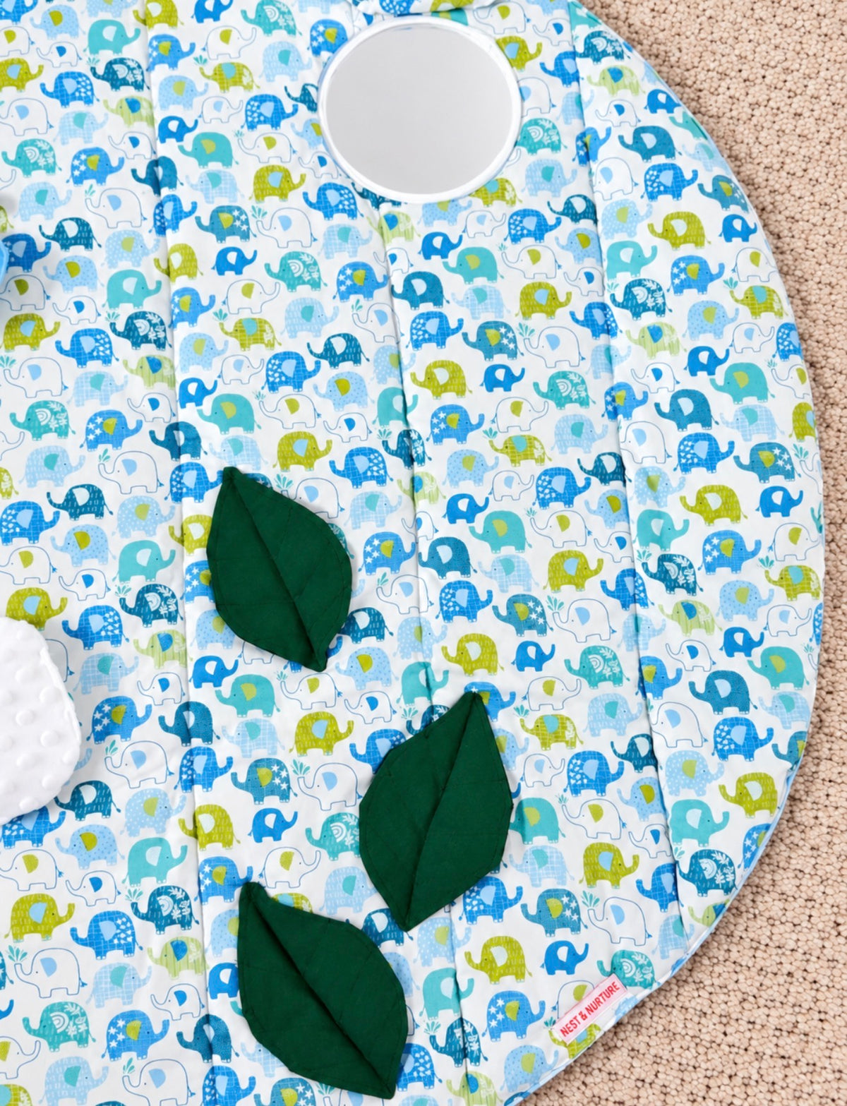 Blue Baby Elephant Sensory Play Mat – Mirror, Rattle, Crinkle Cloud & 3D Leaves
