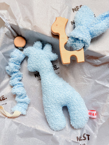 Blue Boucle Giraffe Baby Gift Set | Rattle, Teether & Dummy Clip