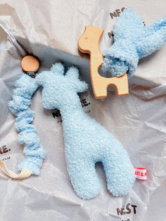 Blue Boucle Giraffe Baby Gift Set | Rattle, Teether & Dummy Clip