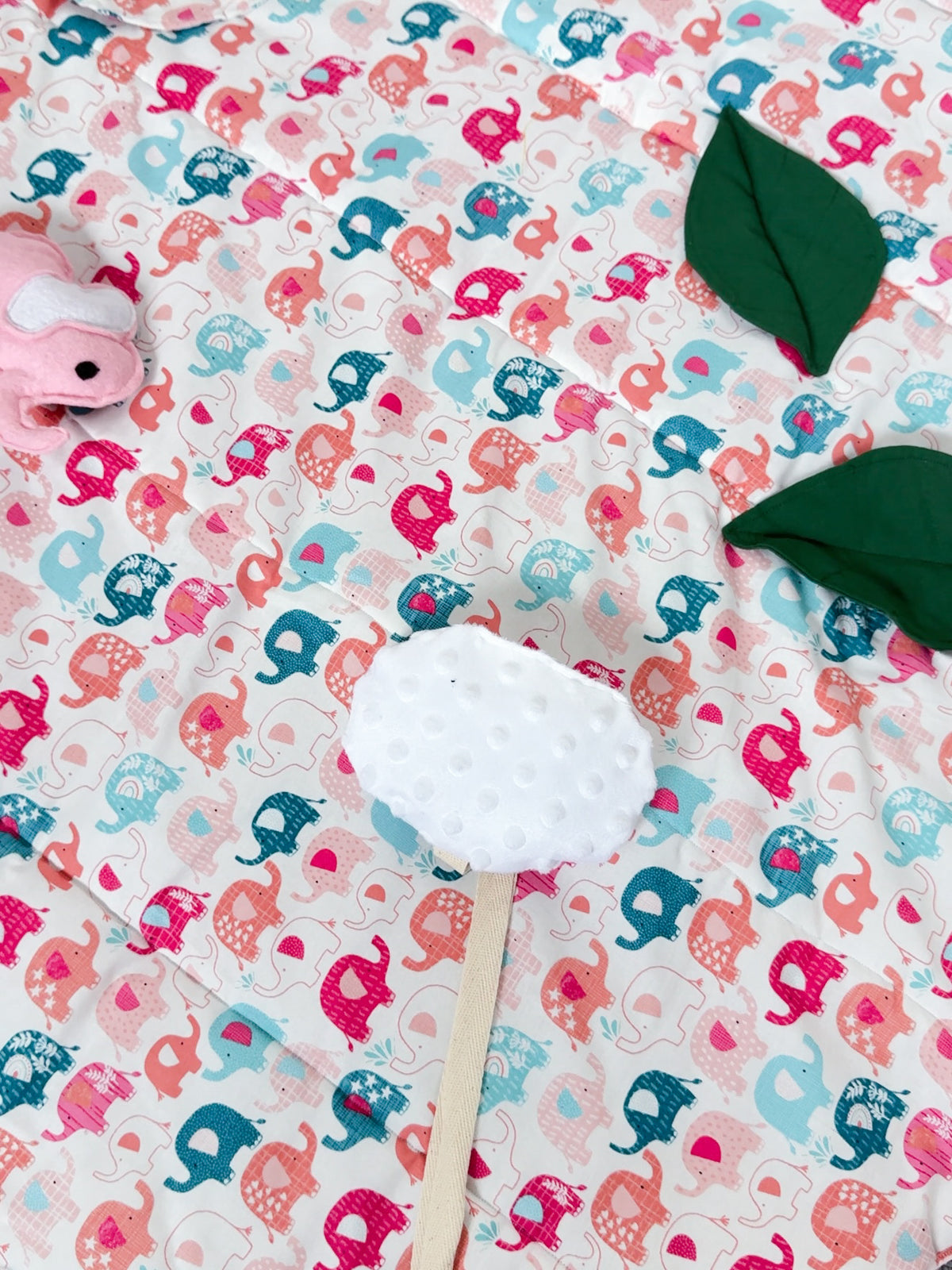 Pink Baby Elephant Sensory Play Mat – Mirror, Rattle, Crinkle Cloud & 3D Leaves