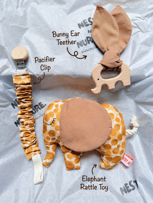 Golden Safari Elephant Baby Gift Set | Rattle, Teether & Pacifier Clip