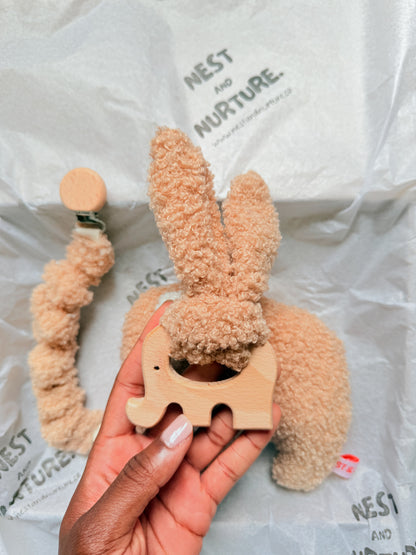 Apricot Boucle Elephant Baby Gift Set | Rattle, Teether & Dummy Clip