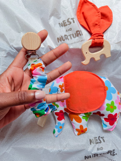 Colourful Flowers Elephant Baby Gift Set | Rattle, Teether & Pacifier Clip