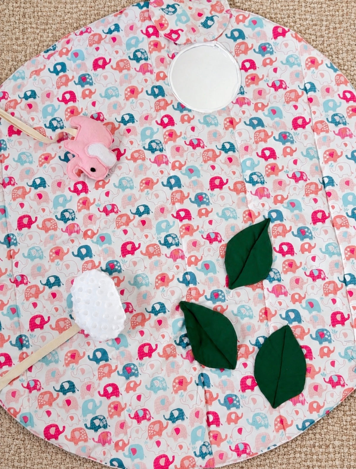 Pink Baby Elephant Sensory Play Mat – Mirror, Rattle, Crinkle Cloud & 3D Leaves