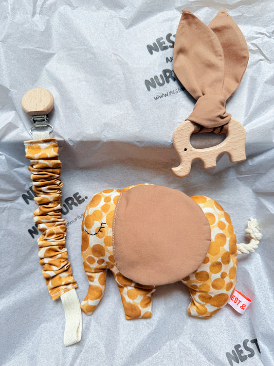 Golden Safari Elephant Baby Gift Set | Rattle, Teether & Pacifier Clip