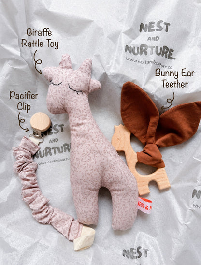 Blush Meadow Giraffe Baby Gift Set | Rattle, Teether & Pacifier Clip
